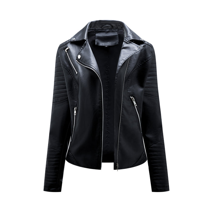 Color-Black-Short Spring Autumn Leather Women European Size Slim Collared Motorcycle Clothing Oblique Zipper Jacket Women Coat-Fancey Boutique