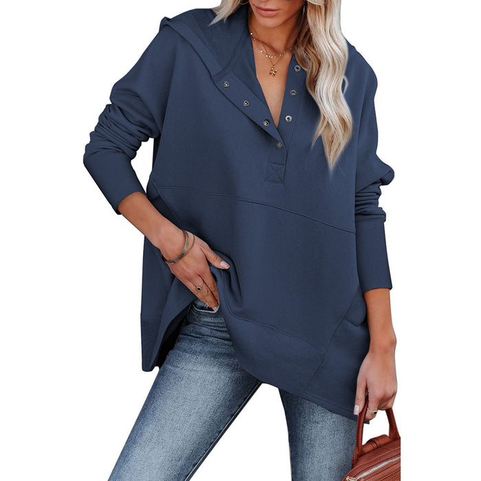 Color-Dark Blue-Loose Hooded Sweater Women Mid Length Autumn Winter Solid Color Casual Bottoming Shirt Top-Fancey Boutique