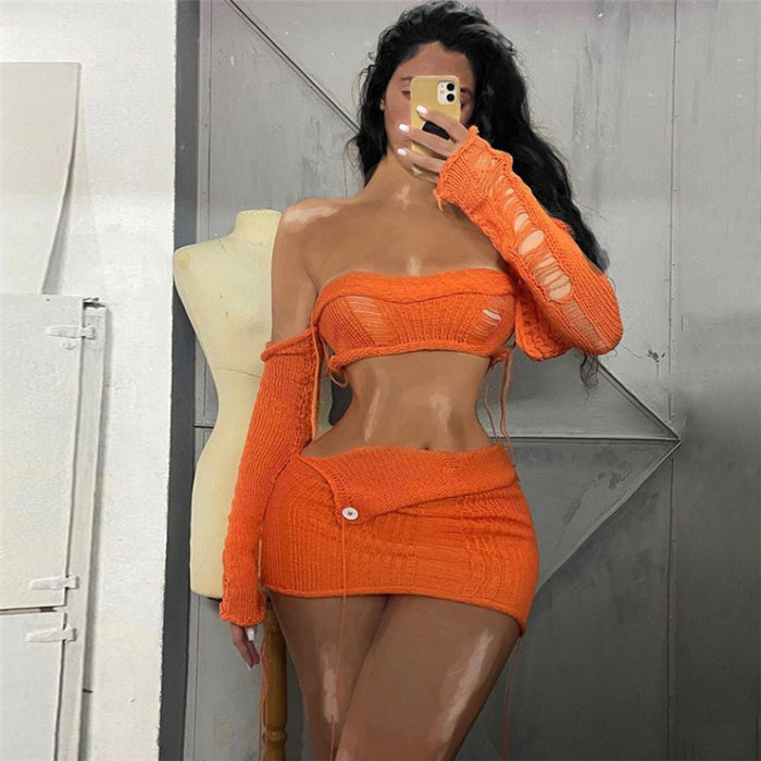 Color-Orange Cuff-Women Spring Clothing Sexy Tube Top Exposed Cropped See through High Waist Tassel Irregular Asymmetric Skirt Set-Fancey Boutique