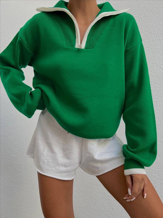 Color-Green-Color Matching Turtleneck Polo Zipper Sweater Women Autumn Winter Thick Long Sleeve Casual Loose Sweater-Fancey Boutique