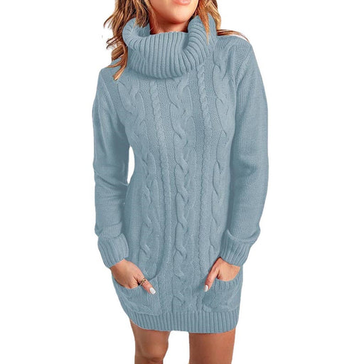 Color-Light Blue-Autumn Winter High Neck round Neck Knitted Dress Sweater-Fancey Boutique