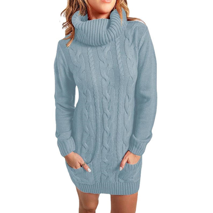 Color-Light Blue-Autumn Winter High Neck round Neck Knitted Dress Sweater-Fancey Boutique