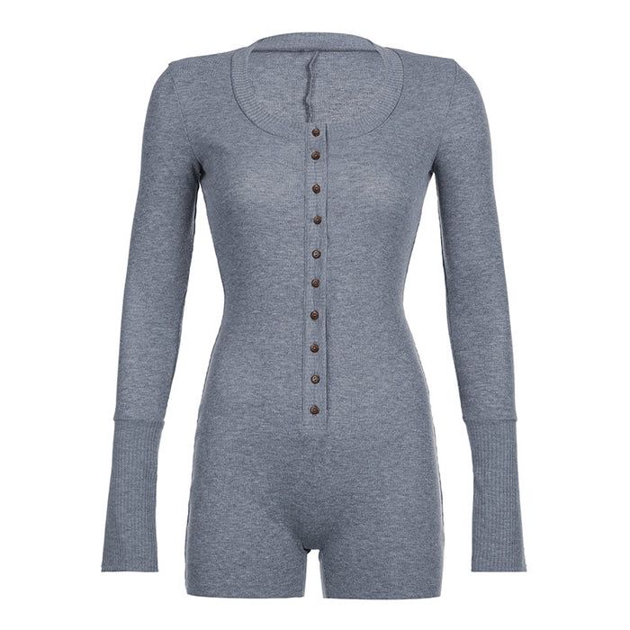 Color-Gray-Sports Women Clothing Girls Street Solid Color Breasted Waist-Controlled Long Sleeves Knitted Short Romper Jumpsuit-Fancey Boutique