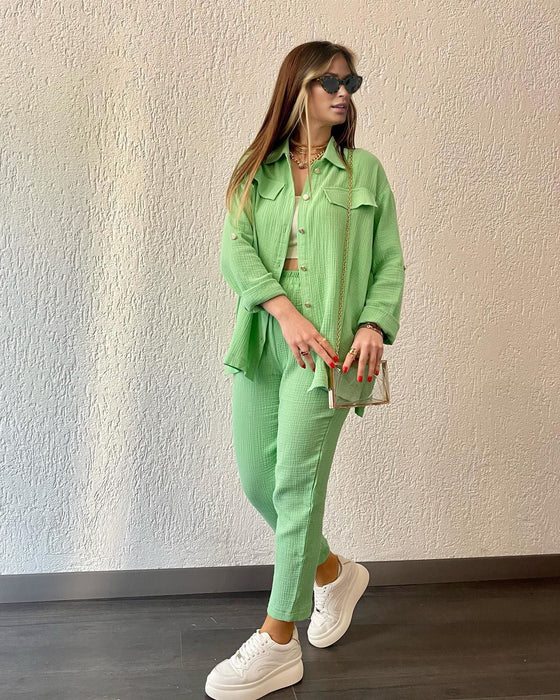 Color-Apple Green-Women Crepe Loose Collared Long Sleeves Shirt Straight Leg Pants Casual Suit Women-Fancey Boutique