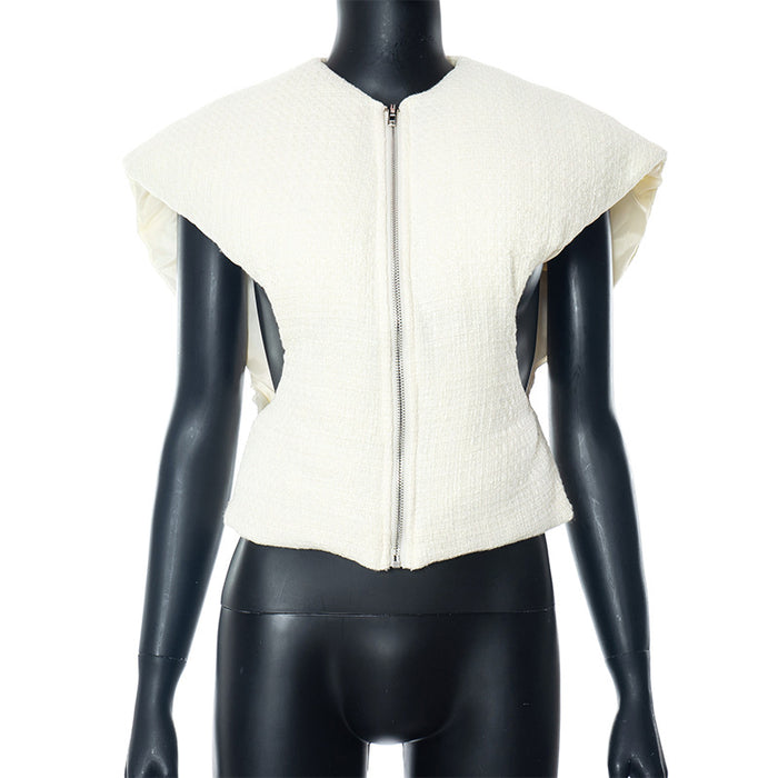 Color-Apricot-Cross Niche Characteristic Solid Color Vest Zipper Short Top Women Autumn Winter-Fancey Boutique