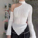 Color-White-Spring Women Clothing Strip Sexy Street Long Sleeve Diagonal Collar Halterneck T Shirt Women-Fancey Boutique