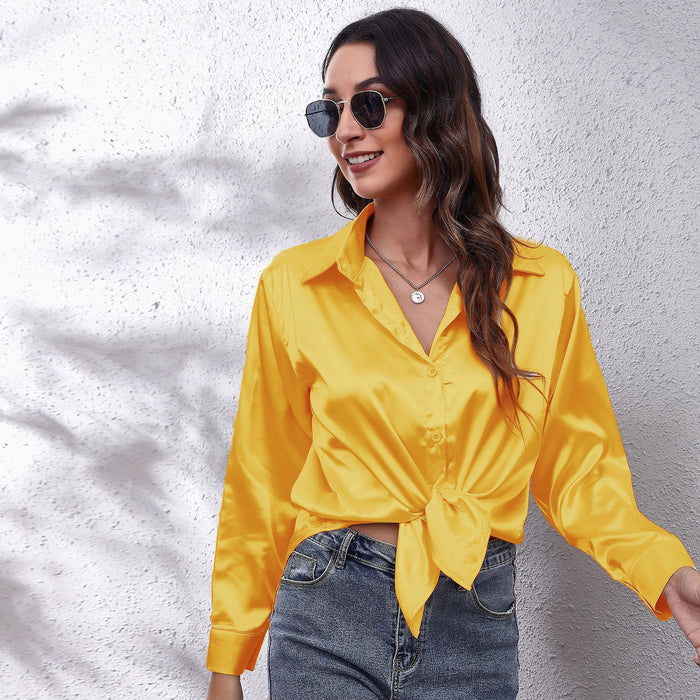 Color-Turmeric-Popular Satin Shirt Women Artificial Silk Long Sleeve Shirt Autumn Women Clothing-Fancey Boutique