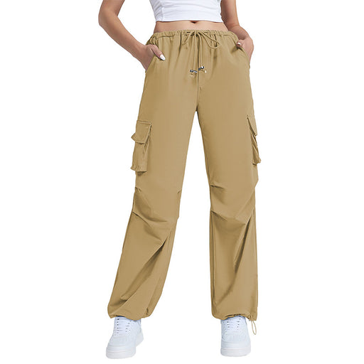 Color-Khaki-Retro Straight Wide Leg Pants Women Autumn Solid Color Multi Pocket Loose Baggy Trousers Casual Working Pants-Fancey Boutique