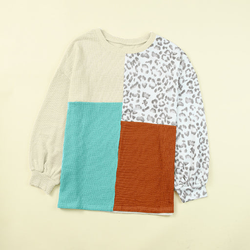 Color-Leopard-Contrast Color Top Women Spring Autumn Leopard Print round Neck Long Sleeve Sweater Women-Fancey Boutique