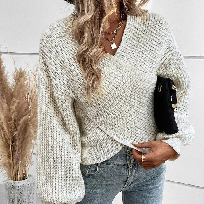 Fall Winter Sweater Women Clothing Elegant Cross V Neck Loose Pullover Women-Ivory-Fancey Boutique