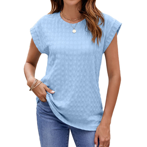Spring Summer Solid Color Jacquard Loose Fitting round Neck Short Sleeve T shirt Top Women-skyblue-Fancey Boutique