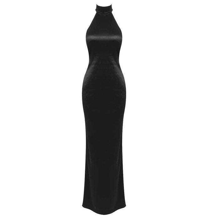 Women Clothing Halter Silk Satin Texture Backless Slim Fit Dress-Black-Fancey Boutique