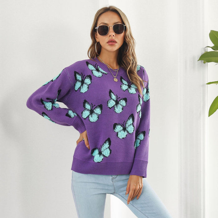 Color-Blue Butterfly on Purple Background-Butterfly Animal Brocade Sweater Women Loose Autumn Winter Long Sleeve Knitwear Sweater-Fancey Boutique