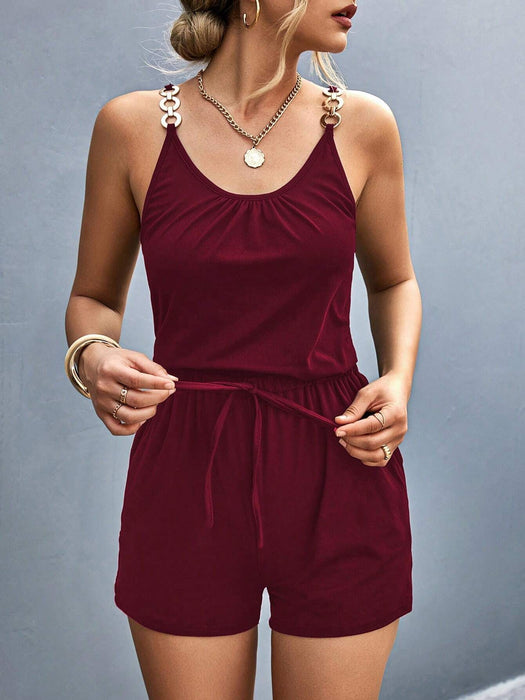 Women Clothing Summer Pleated Stitching Metal Strap Jumpsuit Women-Burgundy-Fancey Boutique