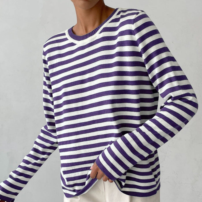 Round Neck Knitted Striped Sweater Autumn Winter Wild Classic Retro Striped Pullover Sweater for Women-Purple Stripes-Fancey Boutique