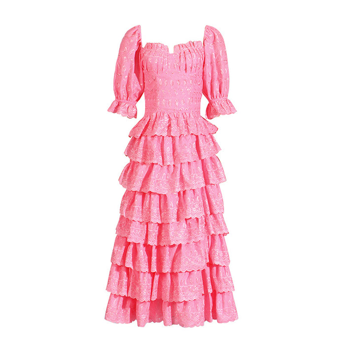 Party Dress Summer Square Collar Puff Sleeve Low Cut Design Waist Tight Multi Layer Dress-Pink-Fancey Boutique