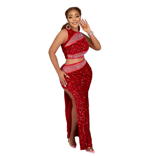 Color-Red-Sleeveless Short Top with High Slit Sheath Skirt Rhinestone Sequined Two Piece Set for Women-Fancey Boutique