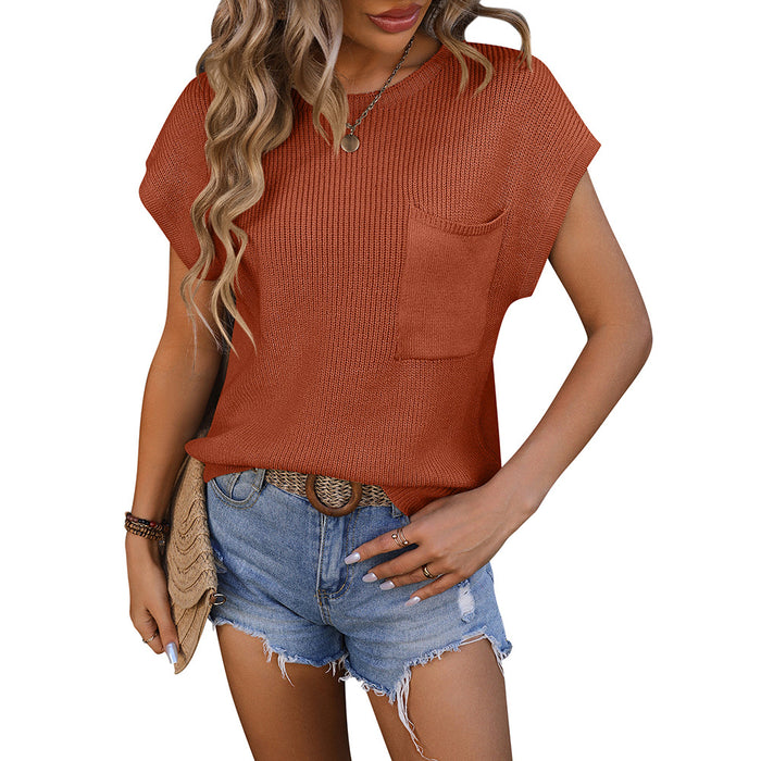 Color-Brown-Women Clothing Women round Neck Pocket Decorative Top Sweater with Short Sleeves-Fancey Boutique