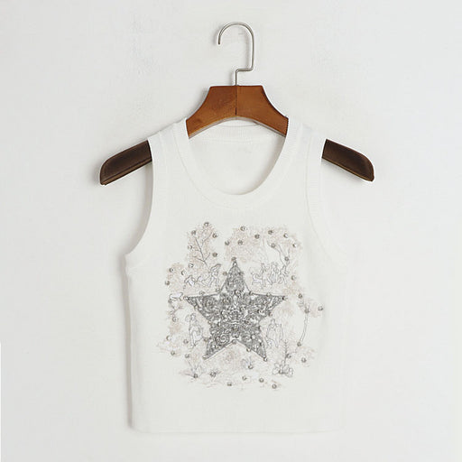 Color-Embroidered Five-Pointed Star Rhinestone Vest Bys White-Round Neck Knitted Vest Early Summer Retro Five Pointed Star Rhinestone Embroidered Slim Outer Wear Women Top-Fancey Boutique