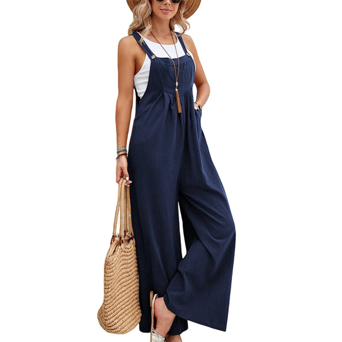 Color-Navy Blue-Women Clothing Popular Solid Color Casual Suspender Trousers-Fancey Boutique