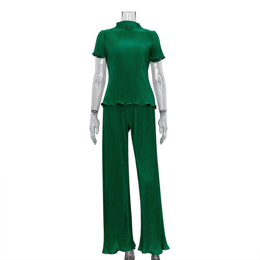 Spring Slimming T shirt High Waist Blue Pleated Wide Leg Pants Casual Women Clothing Fashion Suit-Green-Fancey Boutique