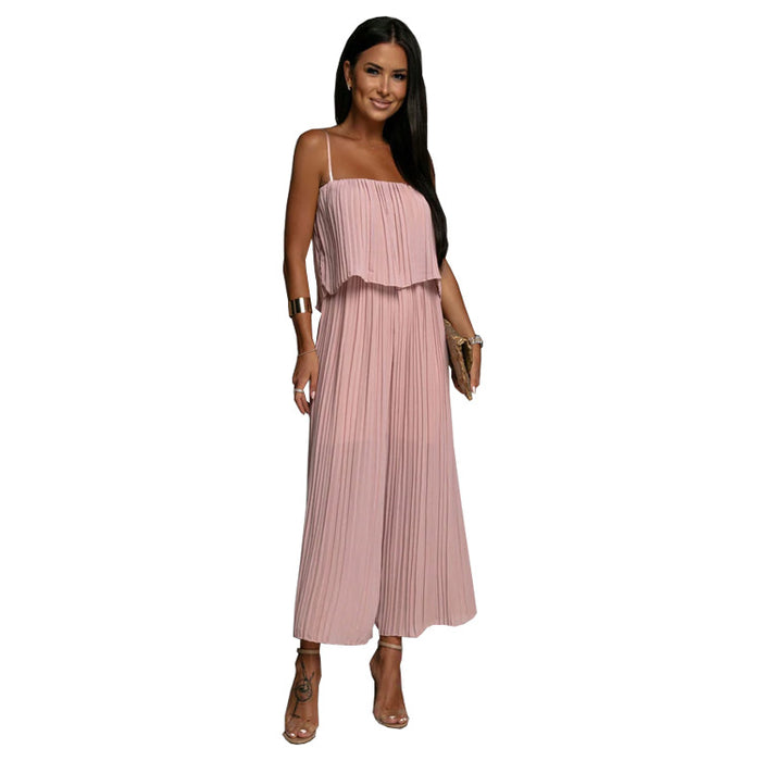 Color-Pink-Women Clothing Strap Tube Top Pleated Loose Jumpsuit-Fancey Boutique