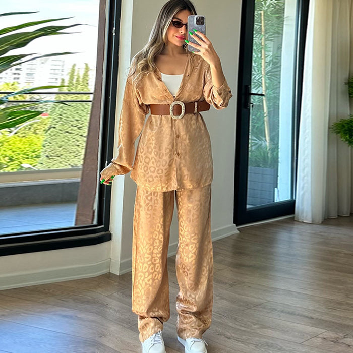 Color-Coffee-Women Leopard Jacquard Spring Autumn Long Sleeve Shirt Elastic Waist Loose Trousers Two Piece Set-Fancey Boutique