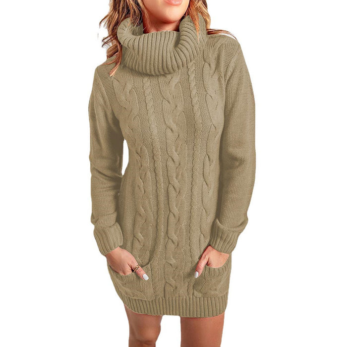 Color-Khaki-Autumn Winter High Neck round Neck Knitted Dress Sweater-Fancey Boutique