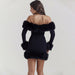 Black Plush Long Sleeve off Shoulder Dress Autumn Winter Women Fur Backless Sexy Hip-Fancey Boutique