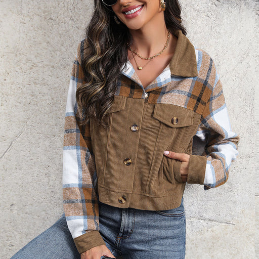 Color-Khaki-Spring Corduroy Plaid Top Retro Lapels Stitching Cardigan Coat Women-Fancey Boutique