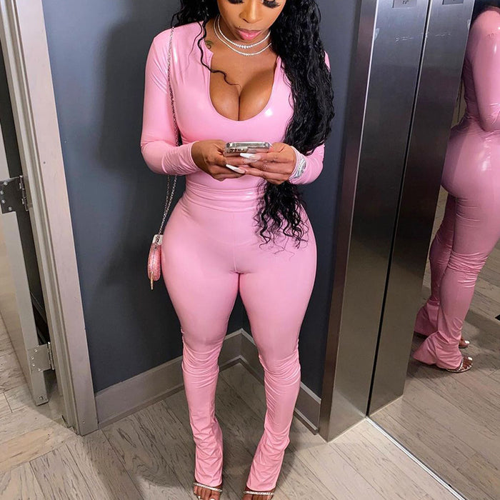 Color-Pink-Women Clothing Spring Summer Solid Color Long Sleeve Casual Top Two Piece Suit-Fancey Boutique