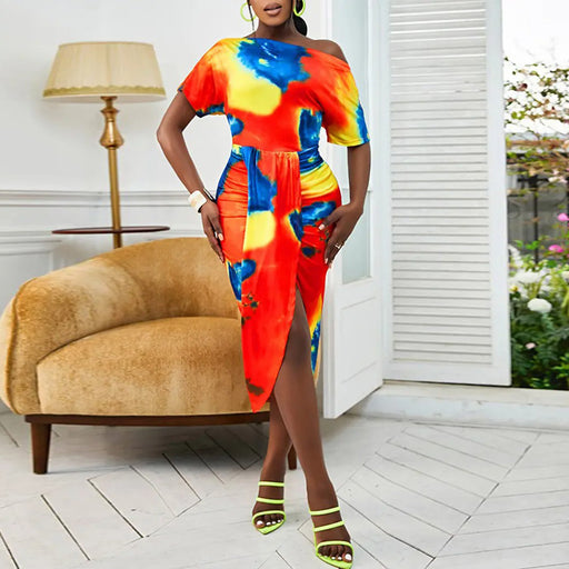 Color-Multicolor-1-Summer Women Clothing Sexy Print Short Sleeve Diagonal Collar Irregular Asymmetric Dress-Fancey Boutique
