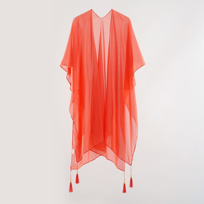 Seaside Blouse See Through Sexy Tassel Thin Cape Solid Color Travel Sun Protection Cardigan-Coral-Fancey Boutique