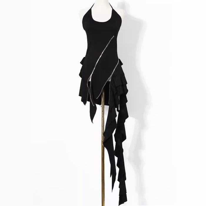 Color-Spring Deconstructed Metal Oblique Zipper Halter Irregular Asymmetric Ruffled Black Dress Women Sexy Dress-Fancey Boutique