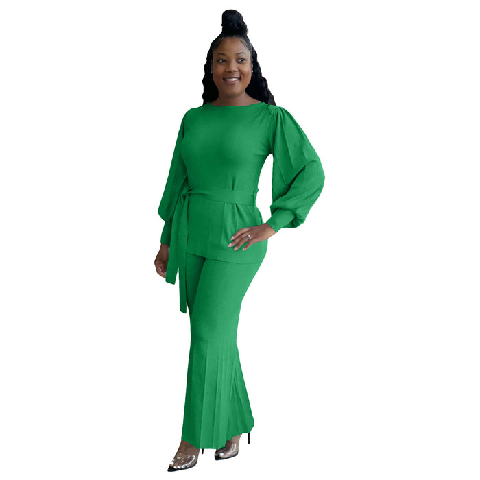 Color-Green-Urban Solid Color Loose Lantern Sleeve Wide Leg Pants Casual Set-Fancey Boutique