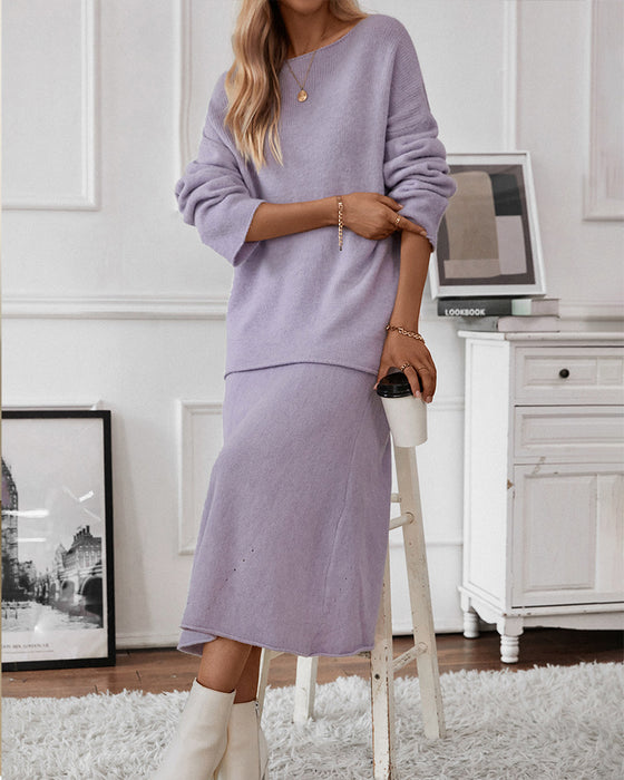 Autumn Winter Elegant Knitting Suit Women Off Shoulder Sweater Top Elastic Waist Fishtail Skirt-Purple-Fancey Boutique