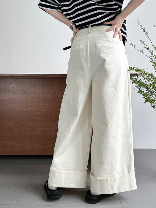 Color-Ivory-Washed Cotton Work Pant Trousers Women Summer Slimming Slim Fit Casual Curling Wide Leg Pants-Fancey Boutique