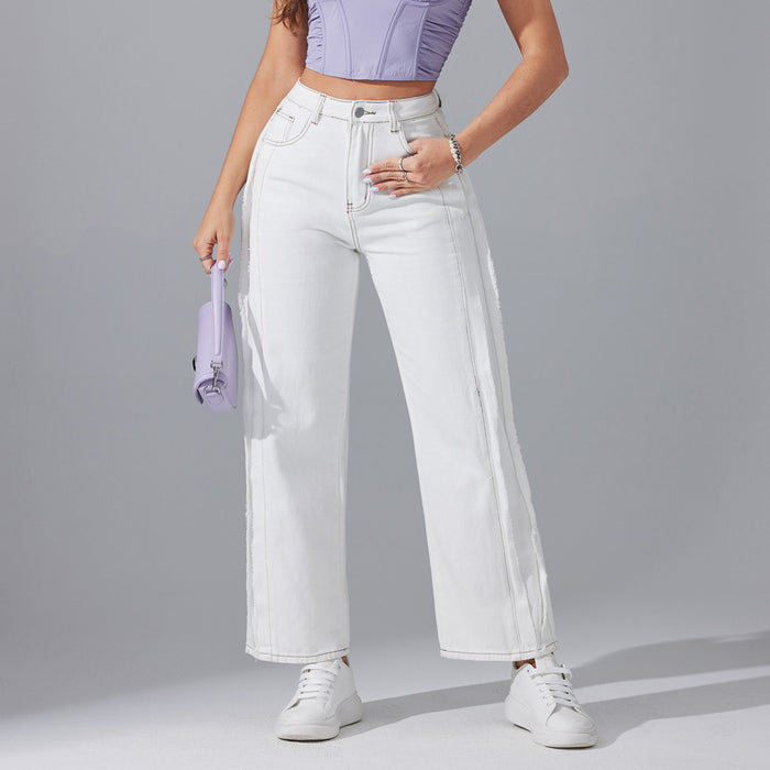 High Waist Raw Hem Straight White Jeans Spring Casual Office Loose Slimming Fashionable Design Pants-Fancey Boutique