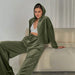 Color-Green-Autumn Winter Warm Velvet Women Sports Casual Hooded Sweater Wide Leg Pants Two Piece Set Loose-Fancey Boutique