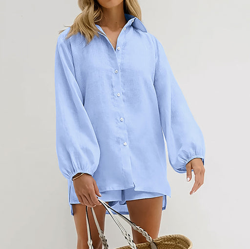 Sexy Summer Slightly Transparent Fresh Blue Cotton Linen Loose Long Sleeve Shirt Shorts Two Piece Set Casual Set-Fancey Boutique