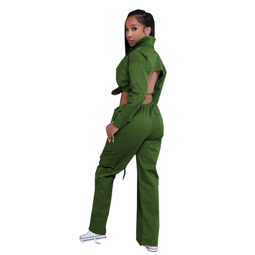 Color-Army Green-Casual Backless Lace up 3D Pocket Set-Fancey Boutique