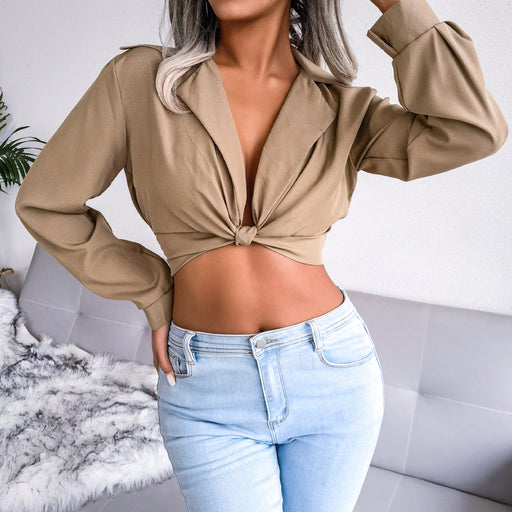 Color-Khaki-Suit Collar Knotted Shirt Cropped Top Women Clothing Spring Summer-Fancey Boutique