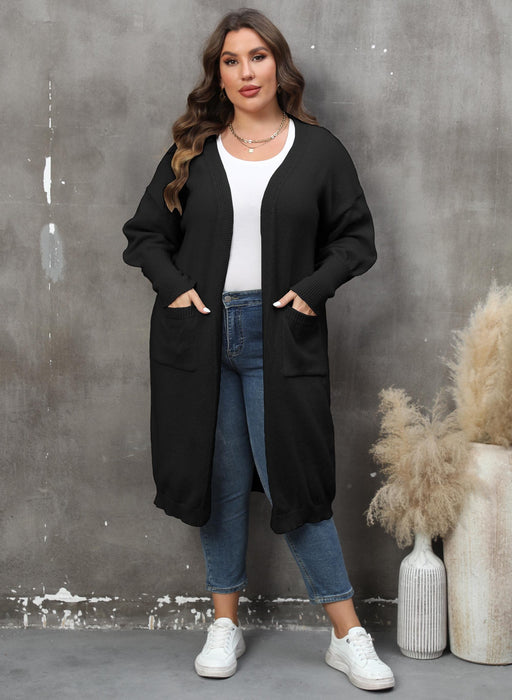 Color-Black-Women Coat plus Size Women Clothes Loose Mid Length Woven Sweater Double Pocket Lantern Sleeve Sweater Cardigan-Fancey Boutique