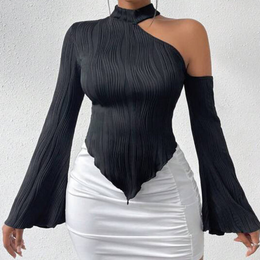 Color-Black-Spring Women Clothing Strip Sexy Street Long Sleeve Diagonal Collar Halterneck T Shirt Women-Fancey Boutique