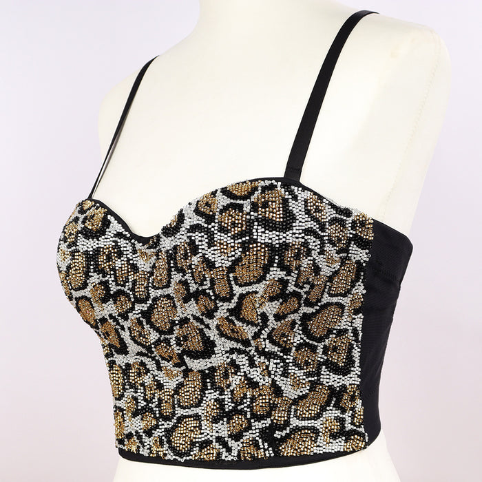 Color-Women Personalized Slim-Looking Beaded Backless Corset Short Leopard Print Outerwear Camisole Tube Top-Fancey Boutique