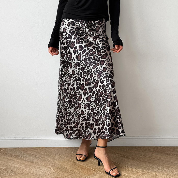 Leopard Print Satin A Swing Skirt Autumn Arrival All Match Long Skirt for Women-Leopard-Fancey Boutique