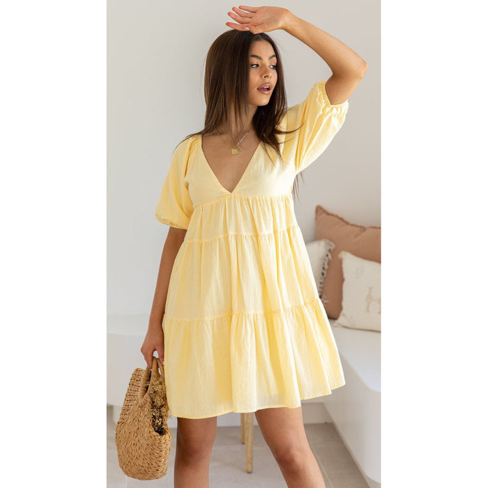 Color-Yellow-Women Clothing Spring Summer New V-neck Puff Sleeve Mini Casual Dress-Fancey Boutique