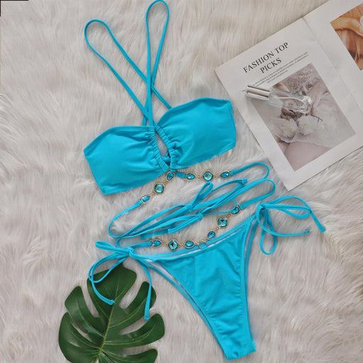 Color-Turquoise-Sexy Crystal Diamond Bikini Halter Cross Strap Split Women Swimsuit Beach Vacation Swimsuit-Fancey Boutique