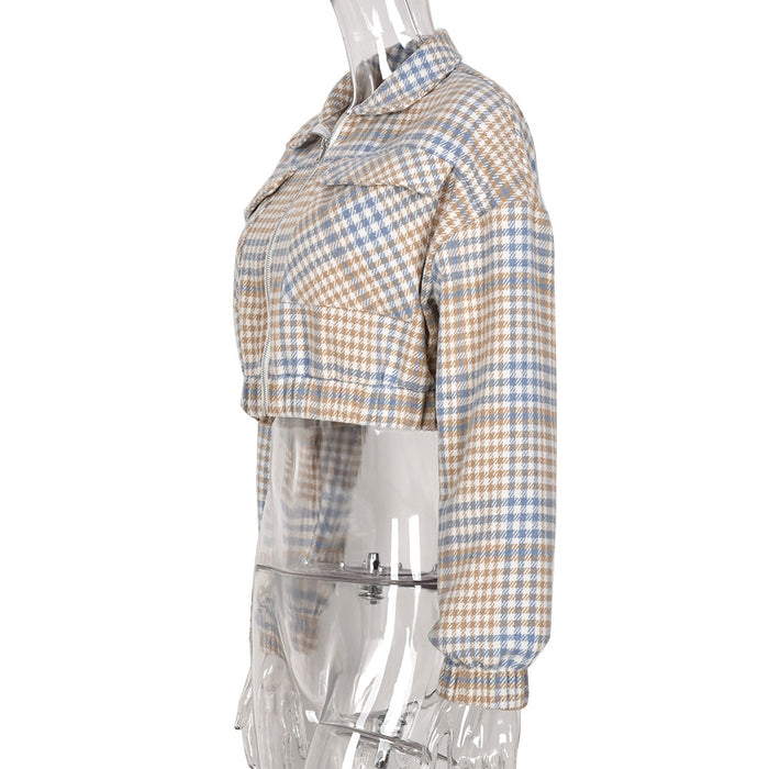 Color-Multi-Coat Short Bare Cropped Slim Fit Plaid Shacket Collar Long Sleeve Blouse-Fancey Boutique