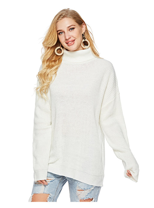 Color-White Pullover-Autumn Winter Casual Striped Turtleneck Knitted Pullover Sweater Women Loose Knitted Bottoming Shirt-Fancey Boutique